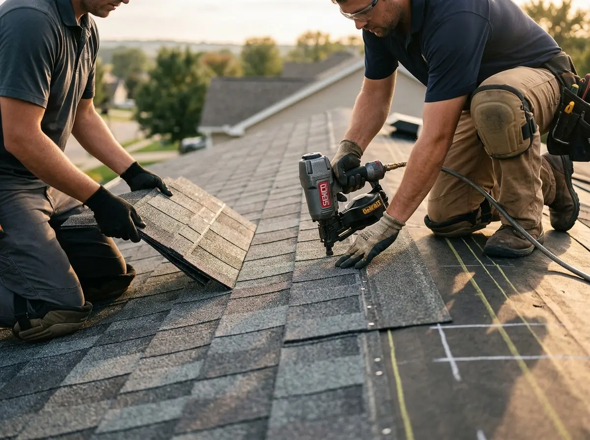 Professional roofer working on a residential roof in Clifton Park